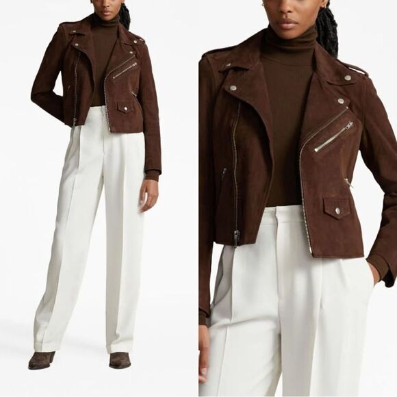 Polo Ralph Lauren notched-collar brown suede biker jacket - Picture 1 of 14